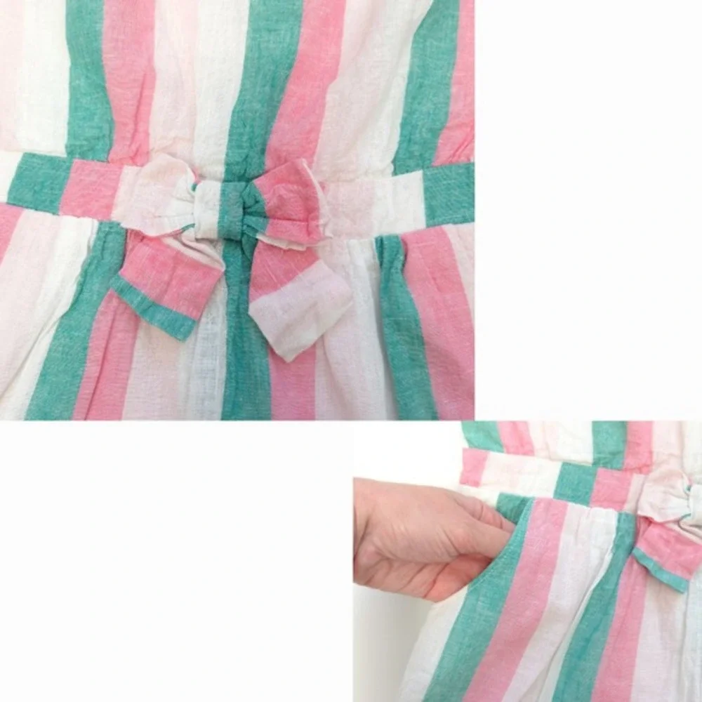 Janie and Jack Pink Green White Striped Ruffle Sleeveless Shorts Romper- Girl 12